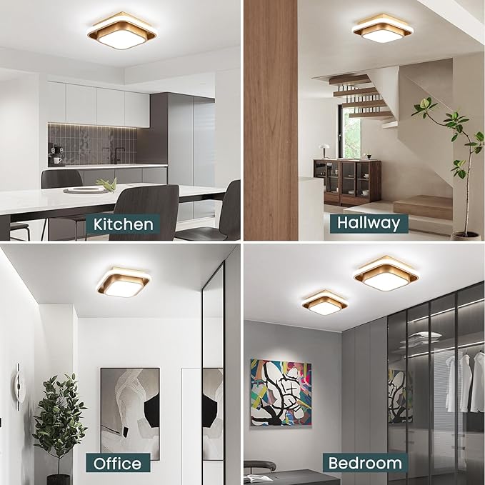 Hallway Light Modern LED Ceiling Light Fixture Square 6000K Close to Ceiling Light Gold Flush Mount Ceiling Lights for Kitchen Bedroom Balcony Bathroom