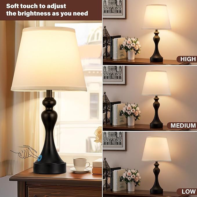 Seealle Touch Lamps for Nightstand - Bedside Lamps Set of 2, 3 Way Dimmable, USB C+A for Bedroom & End Tables (White&Black)