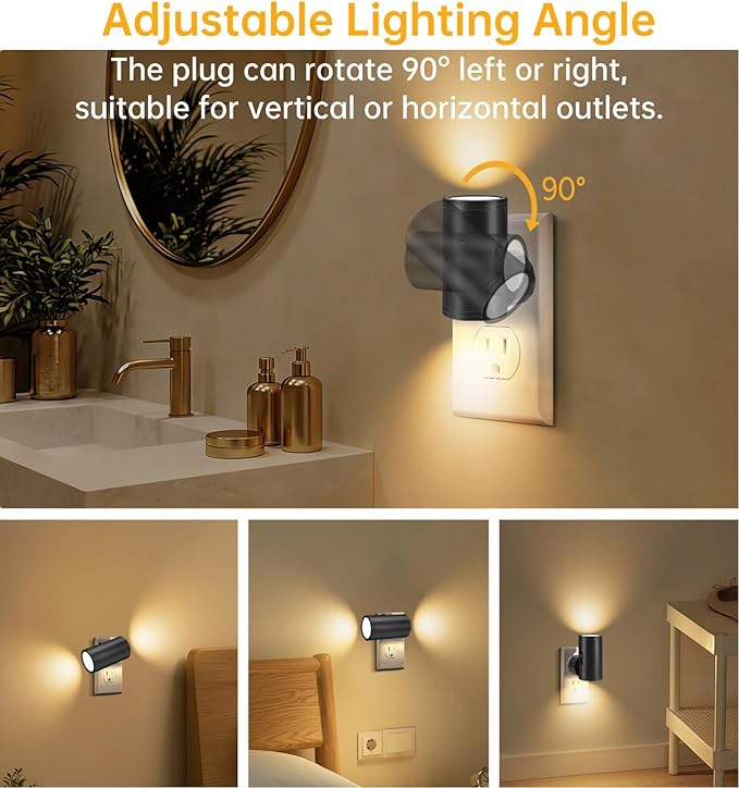 LED Night Lights with Motion Sensor & Dusk to Dawn Sensor, Night Lights Plug into Wall Dimmable Soft White Nightlight with 5-300lm Adjustable Brightness for Bedroom, Bathroom, Stairs, Hallway 2 Pack
