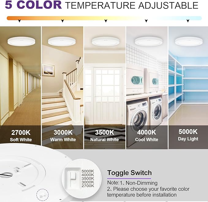 Motion Sensor Ceiling Light, 5CCT Selectable 24W 1500LM, 12 Inch LED Flush Mount Light Fixture Hard Wired, Motion Activated Lights Indoor for Hallway, Stairs, Laundry, Non-Dimmable - 4PK