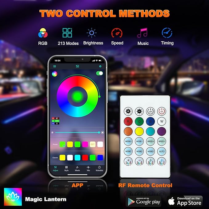 Interior Car LED Strip Lights, Acrylic LED Lights for Car with Dynamic Dreamcolor Chasing, Ambient Lighting Kits Music Sync Wireless APP and RF Remote Control (10 in 1)