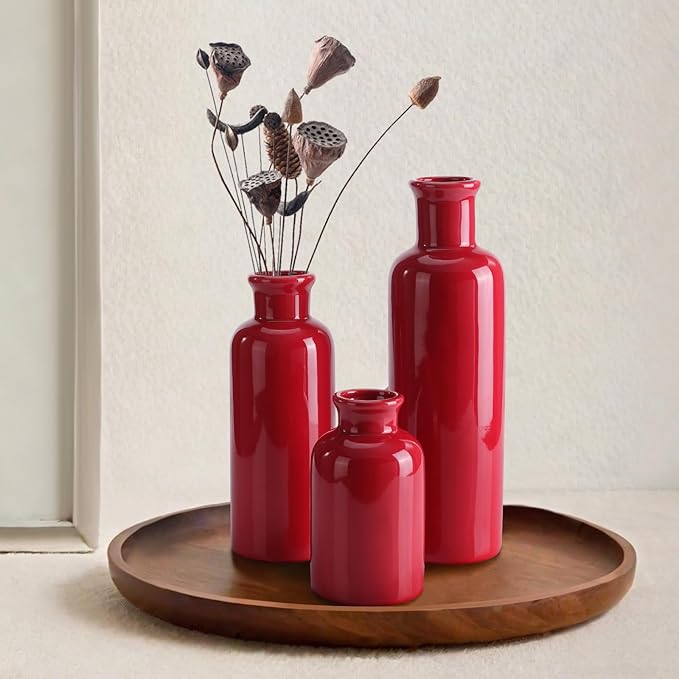 Small Ceramic Vase Set of 3, Boho Modern Flower Vase Room Decor, Farmhouse Decor, Vases for Your Kitchen, Bathroom, Bedroom, Living Room, Office&Shelf Centerpiece Table Decorations, Red