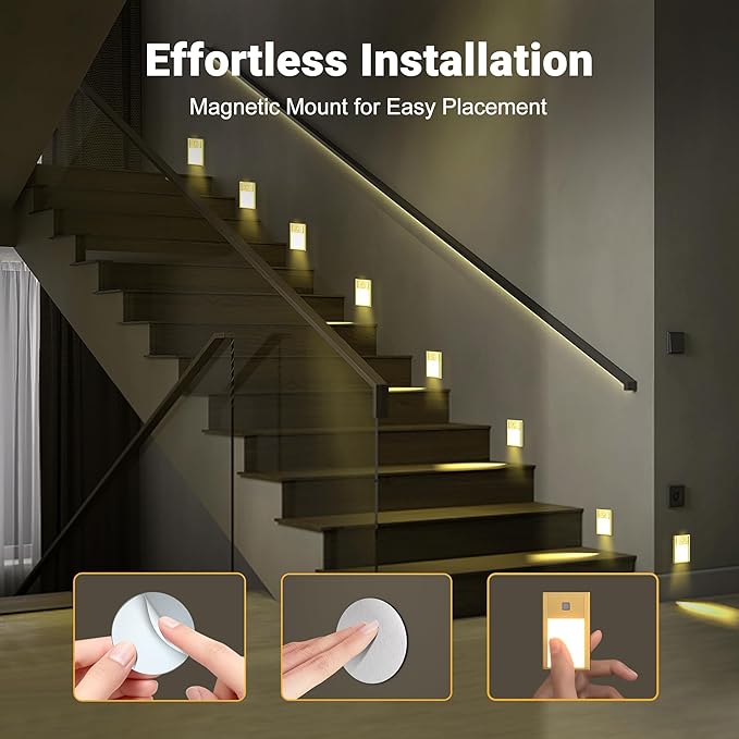 V4light Rechargeable Motion Sensor Night Lights, 8-Pack - Painted Gold Aluminum Alloy, Ultra-Compact Magnetic Mount, 3000K Warm White Glow, Ideal for Hallways, Bedrooms, Stairs & Nightly Use