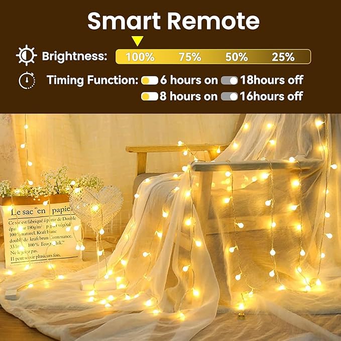 Dailyart Globe String Lights, 120LED 68FT Waterproof Fairy Lights Plug in 8 Modes with Remote Control, Brightness Adjustable &Timing String Lights Indoor Outdoor, Fairy Lights for Bedroom, Warm White