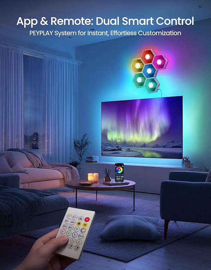 Hexagon Quantum Lights – Modular DIY Wall Panels, RGB+IC 16M Colors with Music Sync, APP & Remote Control, Immersive Lighting for Gaming Rooms, Home Decor, Parties and Gifts