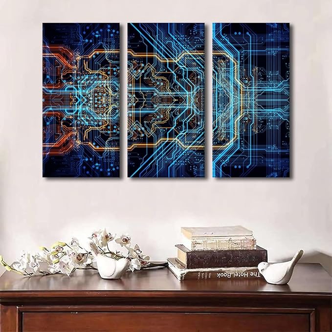 3 Piece Digital Chip Artwork Electronic PC Pictures for Living Room Abstract Design Wall Canvas Art Modern House Decorations Wall Decor Posters Prints for Office Home Walls Ready to Hang(40" Wx60 H)