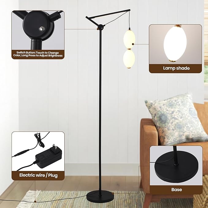 Modern Floor Lamp for Living Room, Standing Corner Lamp with Double Gourd Shade, Dimmable Color Changing Living Room Lamp with Built-in Light Source