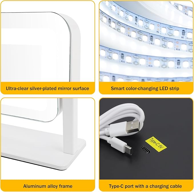 Vanity Mirror with Lights, 15"×12.2" Large LED Makeup Mirror with Light, HD Mirror, Smart Touch with 3-Color Lighting, Dimmable, 360° Rotation, Lighted Up for Vanity Desk Tabletop, Bedroom (White)