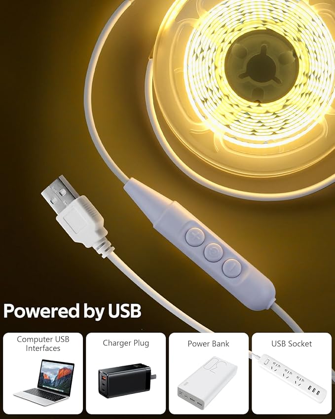 Aclorol COB LED Strip Lights Warm White 3000K 13.12ft/4M 5V Dimmable USB LED TV Backlight with Dimmer Flexible and Cuttable Lights for Kitchen Under Cabinet Cupboard Bedroom Wardrobe 320LEDs/M CRI85+