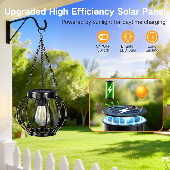 Outdoor Solar Lanterns, Waterproof Metal Hanging Lights with Warm White LED, Auto On/Off, Upgraded Brighter Decorative Lanterns for Garden Patio Yard Porch, Gifts for Women Mom, 4 Pack