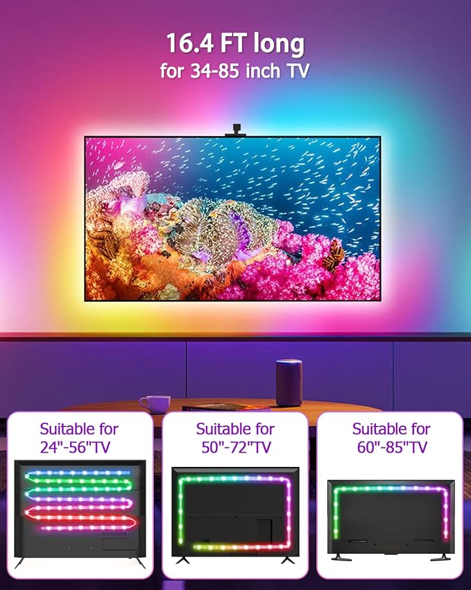 Daymeet LED Strip Lights RGBIC 16.4FT, LED Lights for TV for 55-85 inch TV Led Backlight Rainbow Color Changing Led TV Lights, USB Powered Music Sync Bluetooth APP Control with Remote for Room Bedroom