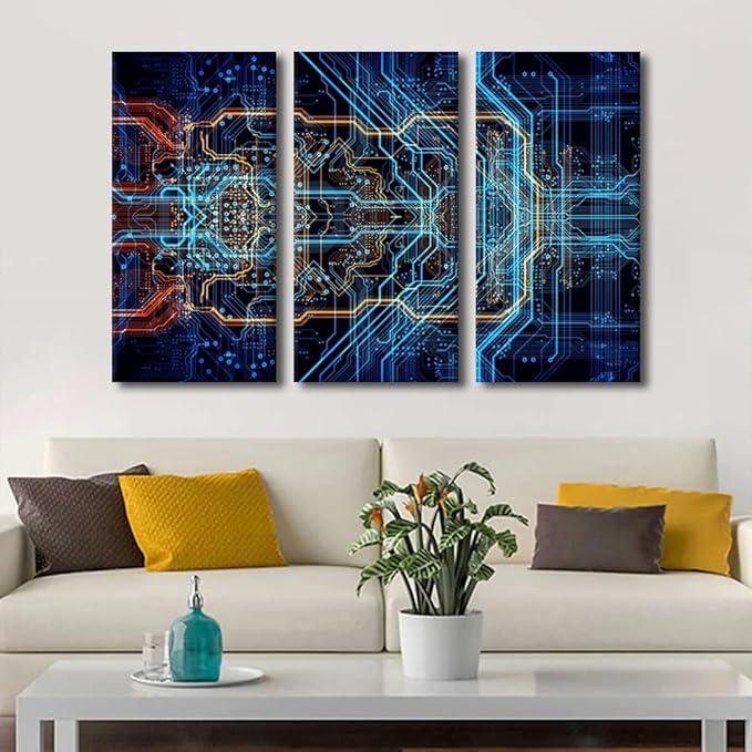 3 Piece Digital Chip Artwork Electronic PC Pictures for Living Room Abstract Design Wall Canvas Art Modern House Decorations Wall Decor Posters Prints for Office Home Walls Ready to Hang(40" Wx60 H)