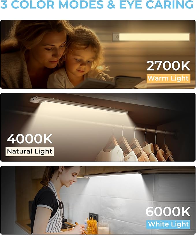 ASOKO Under Cabinet Lights Motion Sensor USB-C Rechargeable LED Closet Lights Battery Operated Wireless Magnetic Light Strip for Kitchen(Multi-Colored,3 Packs-12inch