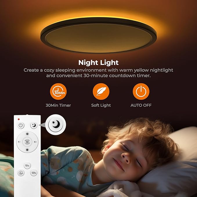 Matane 15.4in LED Flush Mount Ceiling Light Fixture with Remote, 2000K Warm Nightlight, Dimmable 3000K-6500K Low Profile Ceiling Lights for Bedroom, Living Room, 3600LM Black