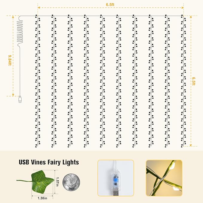 JMEXSUSS Vines Lights for Bedroom, 200 LED Vines Fairy Lights, Artificial Ivy Leaf Light for Wall Curtain Wedding Party Christmas Indoor Decor, 6.5ft x 6.5ft with Remote (Pack of 2)