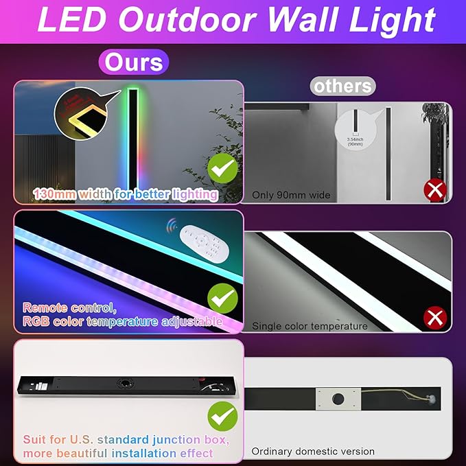 2 Pack RGB LED Outdoor Long Wall Lights,24 inch Modern Outdoor Light Fixture,Dimmable Exterior Linear Lighting Fixtures,RGB Long Linear Wall Light with Control Remote for Patio,Porch,Garage