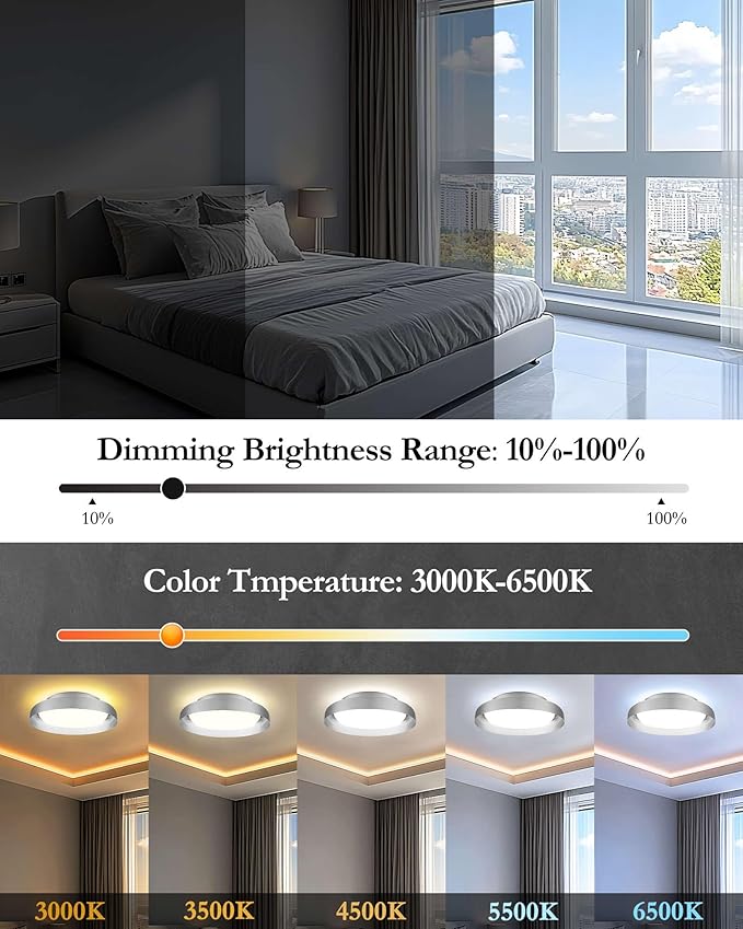 Ken & Ricky Flush Mount Ceiling Light Fixture, Led Dimmable 24w for Bedroom Kitchen Bathroom Laundry Hallway Entryway,Remote Control (Brushed Nickel,12Inch,1PK)