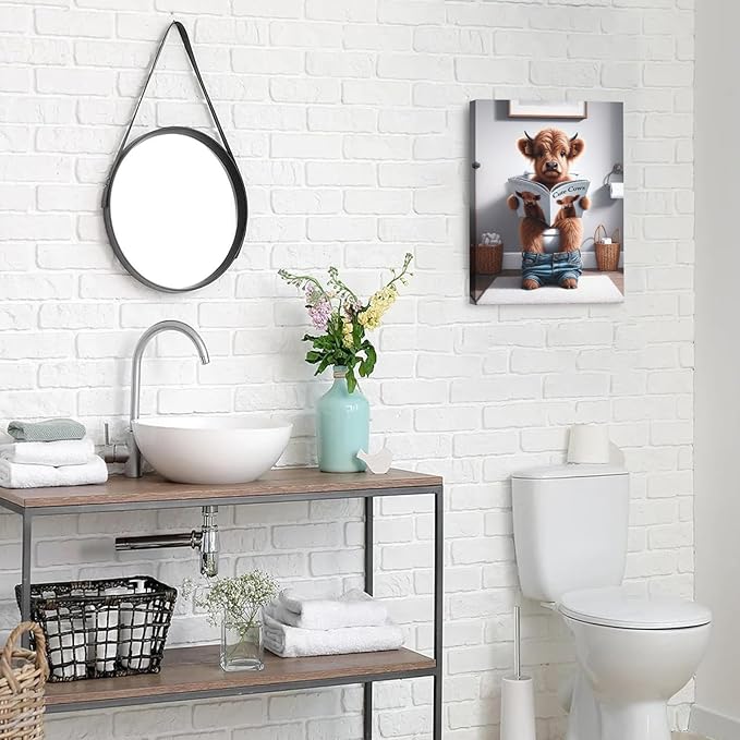 Funny Highland Cow Wall Art,Western Bathroom Decor Wall Art,Funny Bathroom Artwork Ready to Hang for Bedroom Restroom Toilet,12x16inchx3pcs,Framed