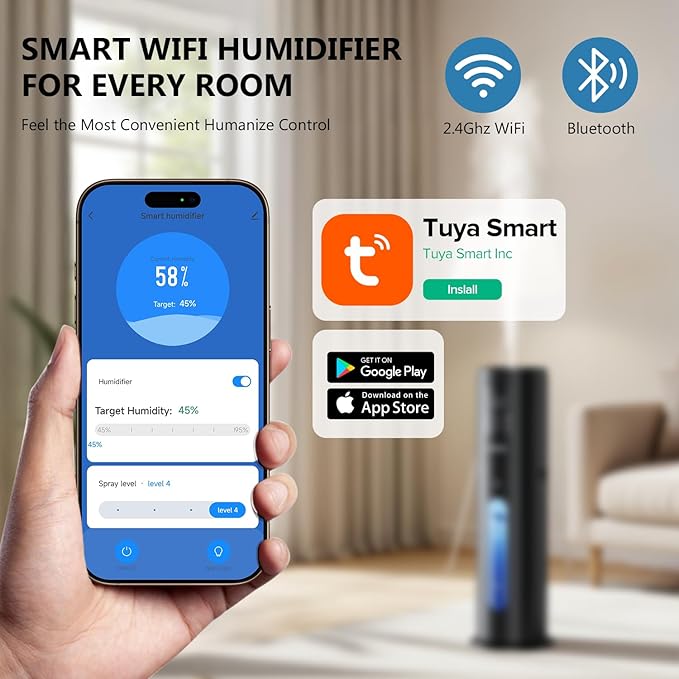 Humidifiers for Bedroom Large Room with 7L/1.85Gal Large Humidifier, Smart App & Remote Control, 4 Mist Levels Large Room Humidifiers for Home Midnight