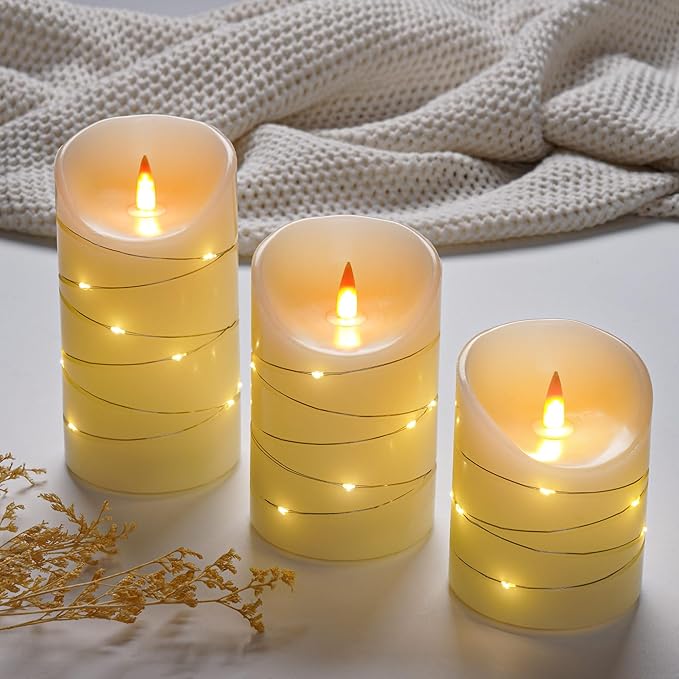 Ivory White Rechargeable Flameless LED Candles 3Pcs (4/5/6") Real Wax with String Lights, Remote & Timer, Safe Realistic 3D Flame for Spring Decor, Easter, Home & Bedroom