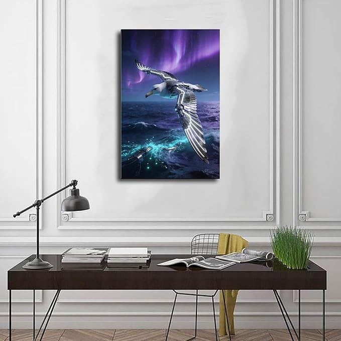 Framed Steampunk Mechanical Seagull Wall Art - Aurora Ocean Retro Poster for Bedroom Game Room Decor 08x12inch(20x30cm)