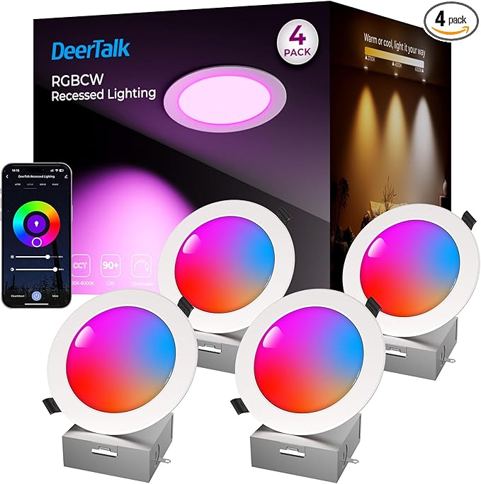 LED Recessed Lighting 6 Inch with App & Voice Control, 1200LM RGBCW Smart Ceiling Light Compatible with Alexa & Google, Dimmable Canless Recessed Light with Timer Music Sync, 4 Pack