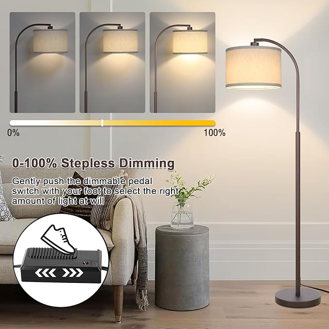 Boncoo Dimmable Floor Lamp, Standing Lamp with Stepless Dimmer, Brown Floor Lamp with Adjustable Linen Beige Shade for Living Room Study Room Office, 9W 3000K Bulb Included