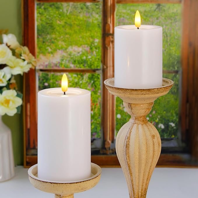 Remote Flameless Flickering Pillar Candles with Candle Grease Effect,Pack of 3 White LED Battery Oprated 2/4/6/8 Hours Timer Real Wax Electric Candles(3x4,5,6 Inches)