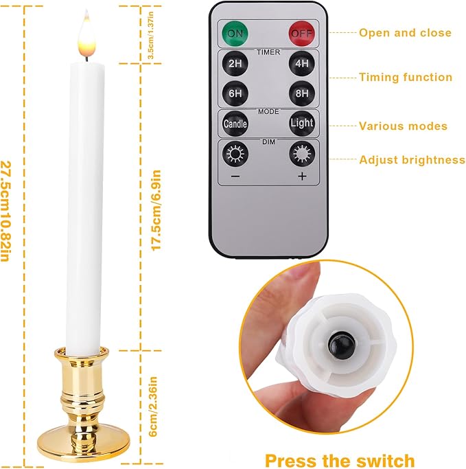 LED Flameless Window Candles with Remote Timer 10 PCS Battery Operated Flickering Taper Candle Lights with Removable Gold Candle Holders Best Gift for Xmas Wedding Home Dinner Decor
