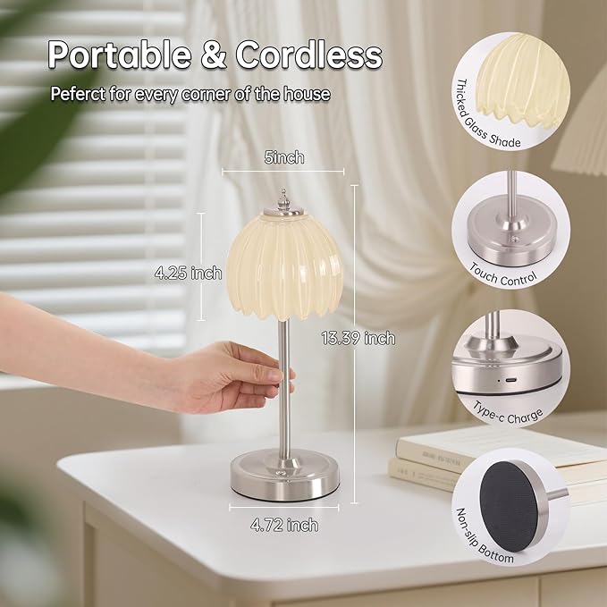 Tulip Table Lamp with 5200mAh Battery & Touch Control, Cordless Small Table Lamp with 3 Colors, Dimmable Rechargeable Table Lamps for Living Room, Bedroom, Desk, Bedside (Creamy Yellow Tulip)
