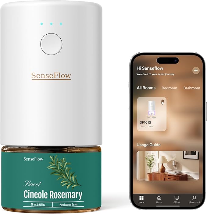 Essential Oil Diffuser for Home, Smart Waterless Aromatherapy Diffuser SF101S Pro, Plug in Room Scent with Timer & 120-Day Natural Aroma – Free 30ml Cineole Rosemary(Deep Teal)