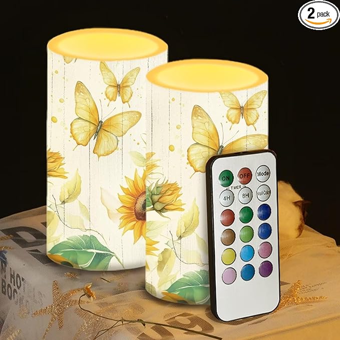 Butterfly Sunflower Flameless Candles 2 Pack 6 x 3 inch Battery Operated Candles with Multicolor Timer Remote Control LED Fake Candles for Warm Light Dinner Table Home Decor