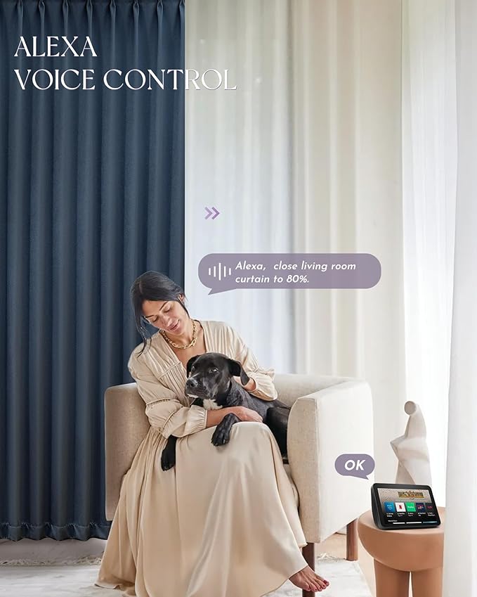 Graywind Rechargeable Smart Curtains Compatible with Alexa App Remote Control Motorized Drape for Sliding Door One-Way or Split Draw, Custom Width Up to 220" (Galaxy Series)