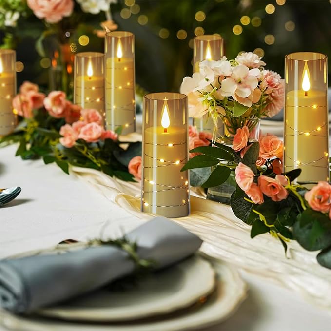 Wondise Flameless Flickering Candles with Embedded Star String Remote and Timer Battery Operated Flickering LED Candles Durable Acrylic Shell Pillar Candles for Christamas Home Decoration (7pack