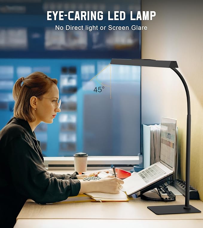 Desk Lamp for Home Office with Base, Eye-Caring Desk Light with Adjustable Gooseneck, 12W USB Adapter Touch Control 5 Dimmable Brightness & Color Tall Lamp for Work, Computer, Study, Task