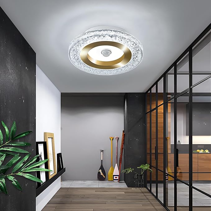 UOFUS Motion Sensor LED Ceiling Light Indoor Wired 7.84inch Gold Flush Mount Light Fixture 6400K Motion Activated Light for Closet Hallway Laundry Stairs Shower Porch Garage Basement