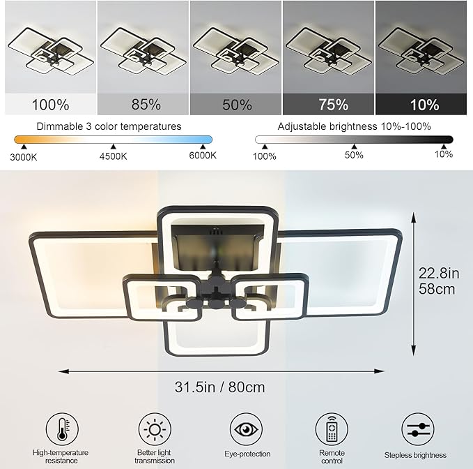 Modern LED Ceiling Light,6 Square Acrylic Black Modern Lighting Fixture Ceiling Lights for Living Room,Dimmable Lamp with Remote for Dining Room, Flush Mount Bedroom Light Fixture