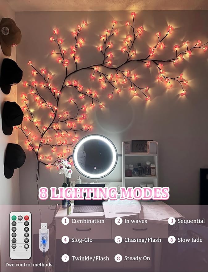 Cherry Blossom Lights for Room Decor Aesthetic,7.55 FT DIY Pink Cherry Blossom Wall Decor with 144 LED Flower Lights,Remote Timer,8 Lighting Modes,Blossom Tree Branch Lights,Vine Lights for Bedroom
