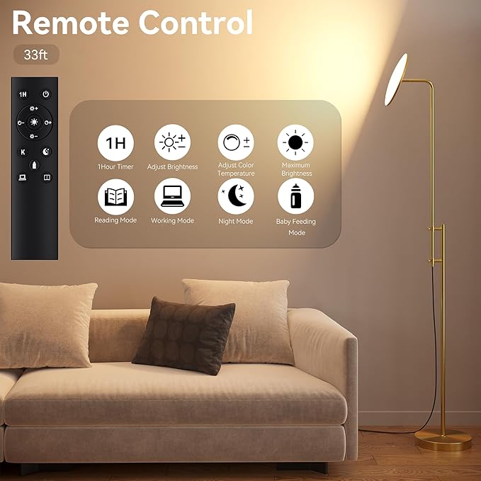 SUNMORY 32W/3000LM Floor Lamps, Super Bright LED Standing Lamp with Remote Control, Adjustable Tall Lamp with 350°Rotating Head, Modern Dimmable Torchiere Corner Lamp for Living Room, Bedroom, Office