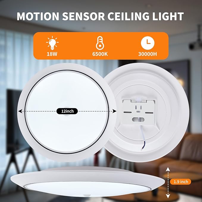 Motion Sensor LED Ceiling Light, 12 Inch Flush Mount Ceiling Light 6500K Closet Lights, Motion Sensor Light Indoor for Stair Closet Porch Hallway Laundry (18W)