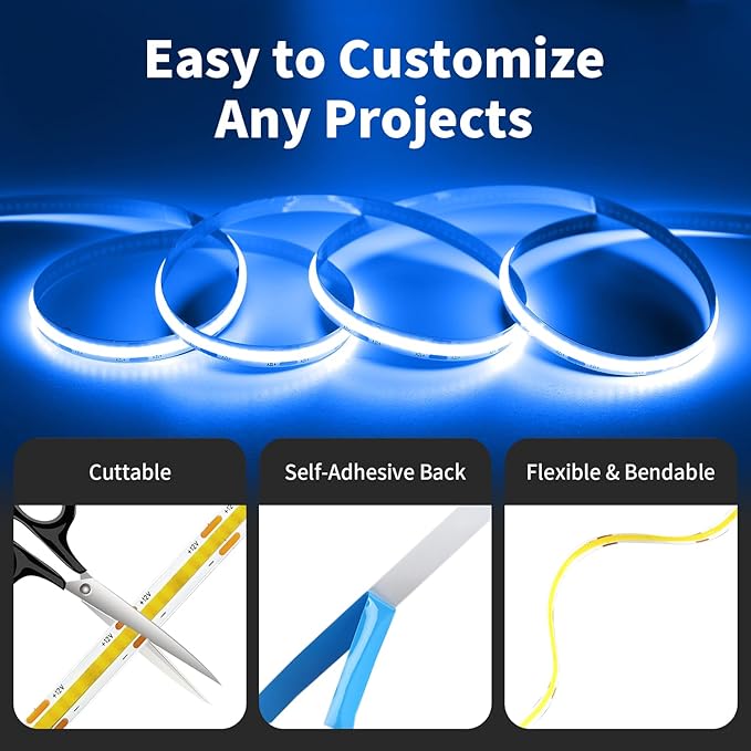 16.4FT/5m Blue COB LED Strip Light, Cuttable LED Tape Lights, 8mm Width LED Lights, CRI93+ Dimmable Flexible Light Strip for Bedroom TV Backlight Gaming Room Monitor DIY Decor(with Plug)