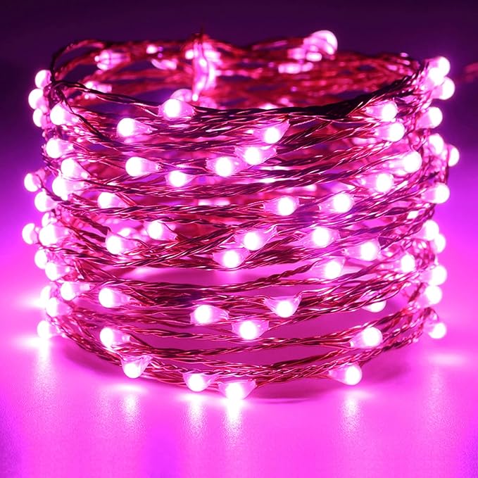 RUICHEN 20 Ft 120 LED USB Fairy String Lights with On/Off Switch, Waterproof Copper Wire Lights for Bedroom Wall Ceiling Wreath Christmas Easter Valentines Day Wedding Party, Pink