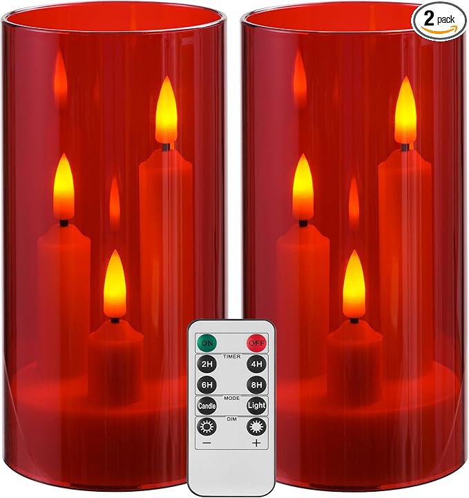 Da by Flameless Candle, Battery-Powered Candle with Remote Control and Timer, LED Three-Wick Pillar Candle, Romantic Wedding, Perfect Home Décor, 2 Pack (Red)