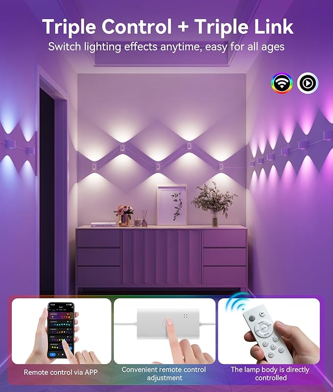 12-Light RGBCW Wall Sconce Light, Up/Down Bedroom Wall Lights, Music Sync, DIY-Styling Color-Changing Wall Lamps for Living Room Party Home Decor, Works with Alexa/Google Assistant, 31.8ft