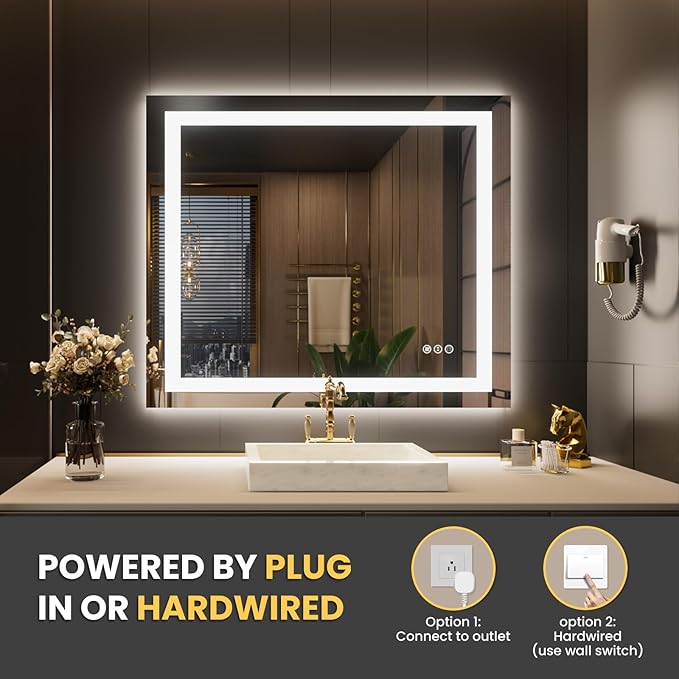 LOAAO 40"x34" LED Bathroom Mirror with Lights, Anti-Fog, Dimmable, Backlit + Front Lit, Lighted Bathroom Vanity Mirror for Wall, Memory Function