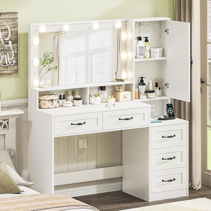 Farmhouse Makeup Vanity with Lighted Mirror, 45.3'' Vanity Desk with Charging Station, 5 Drawers & Open Shelves, Vanity Table Makeup Desk with 1 Cabinet & 9 Hooks for Bedroom (White)