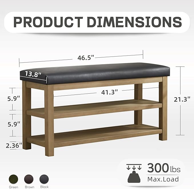 Shoe Rack Bench with Leather Cushion, 2 Tier Solid Wood Storage Bench, Mid-Century Modern Shoe Bench for Entryway, Hallway, Closet, Front Door Entrance, Foyer (Black, 46.5)