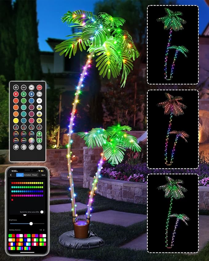 7FT Smart LED Artificial Palm Tree with App Control - DIY Color Changing Outdoor Palm Tree with Music Sync, Timer & Remote - Waterproof Pre-Lit Tropical Decor for Patio Pool Party Tiki Bar, 2 Trunks