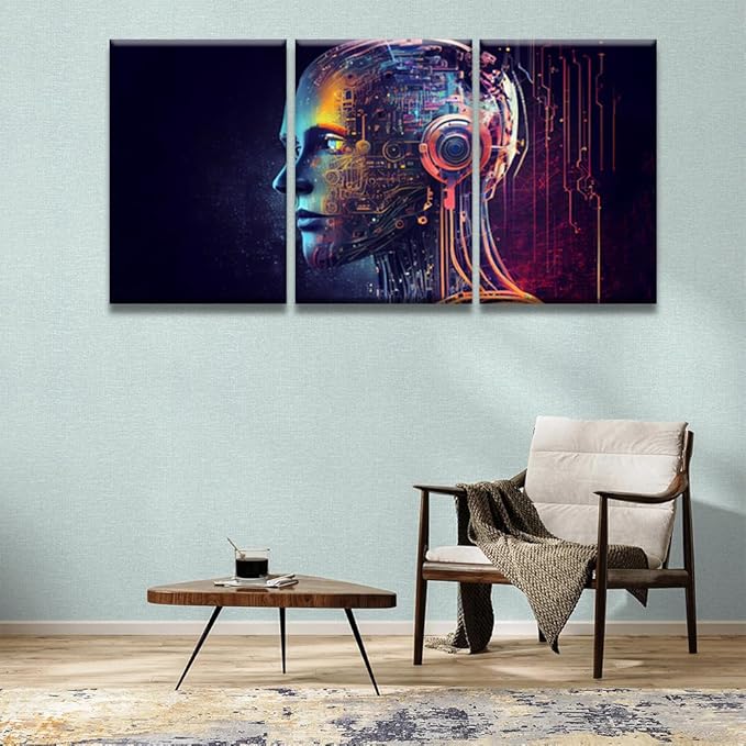 LSIUHWUWI 3 Panel Modern Wall Art Humanoid Head with Blue and Yellow Eyes Pictures Print on Canvas Wall Art for Bedroom Living Room Home Office Wall Decorations Framed Ready to Hang 16x24inchx3
