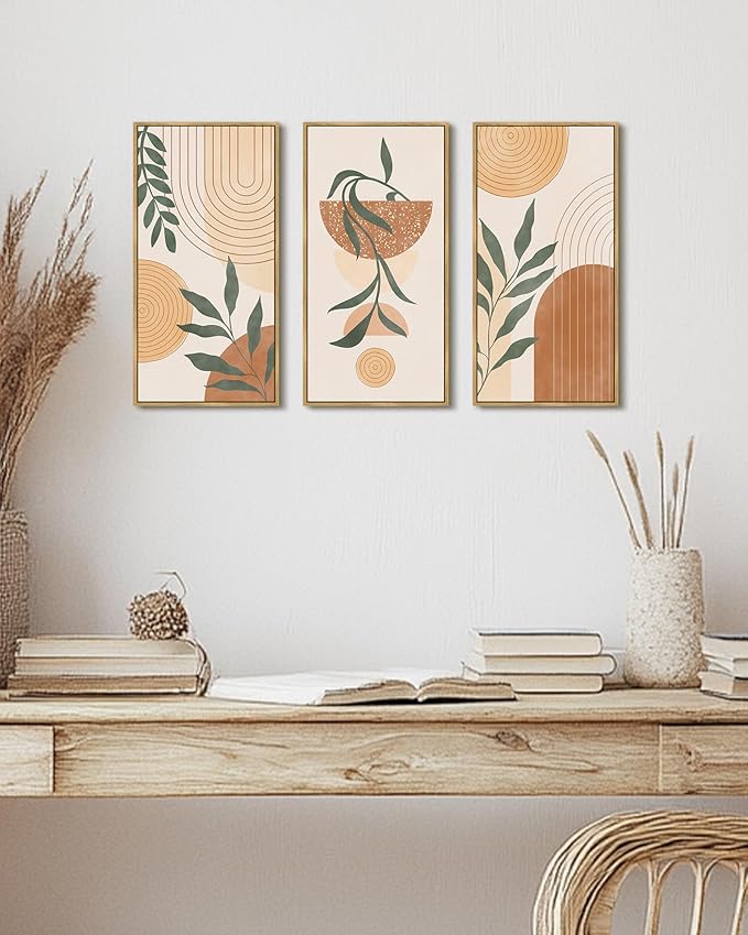 KUVIOKE Boho Orange Wall Art Green Botanical Leaf Artwork BohemainMinimalist Line for Bathroom Living Room 8x16in3pcs Natural Framed